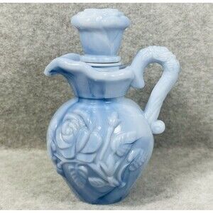 Vtg 1978 Avon Blue Swirl‎ Milk Glass Pitcher 6.5" Bubble Bath Bottle Victorian
